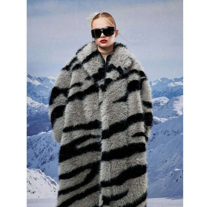 Zebra New Faux Fox Fur Coat Women Long 2024 Winter Imitation Wool Fur Jacket Thickened Warm Plush Overcoat Furry Fuzzy Outerwear